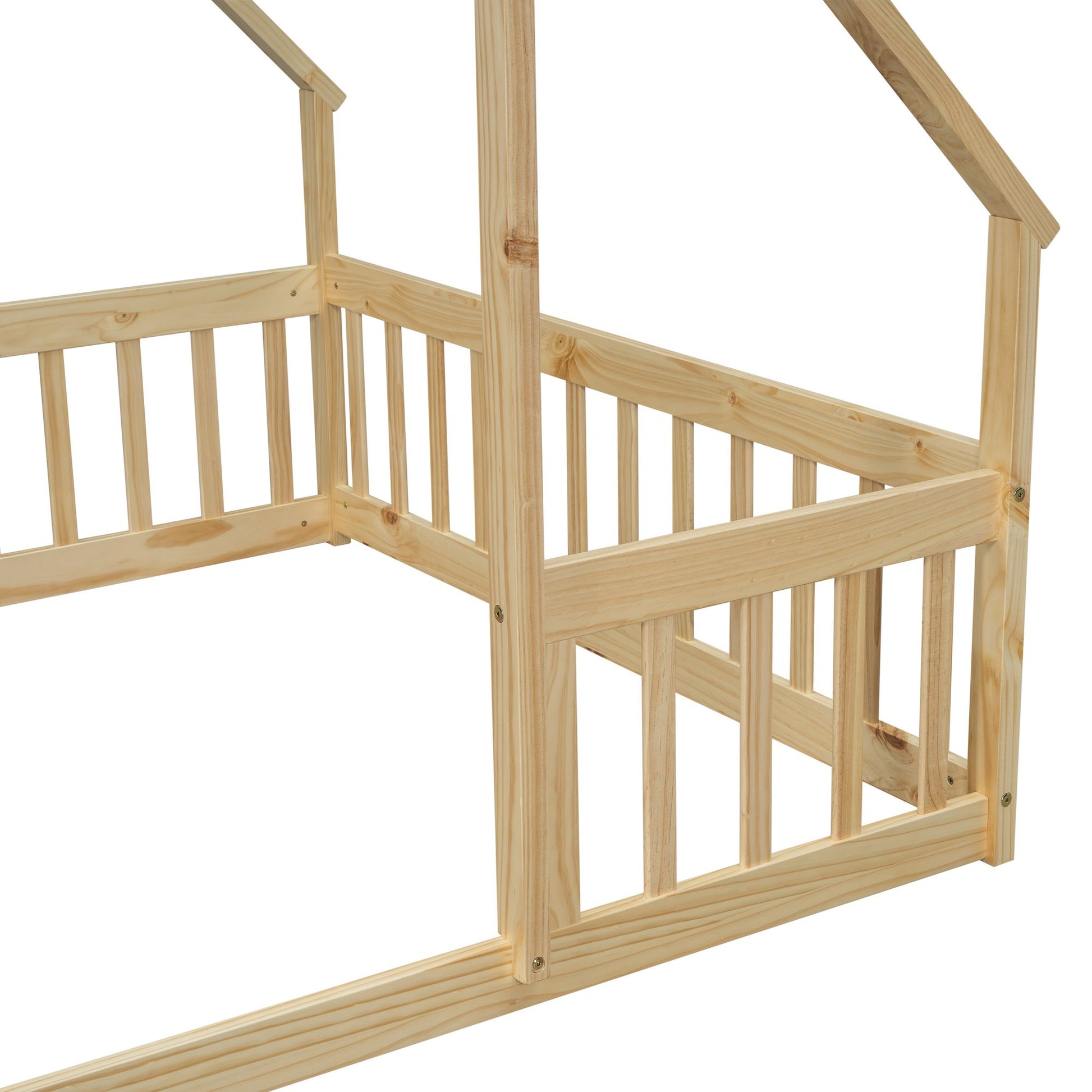 Full Wood House-Shaped Floor Bed with Fence, Guardrails,Natural image 3