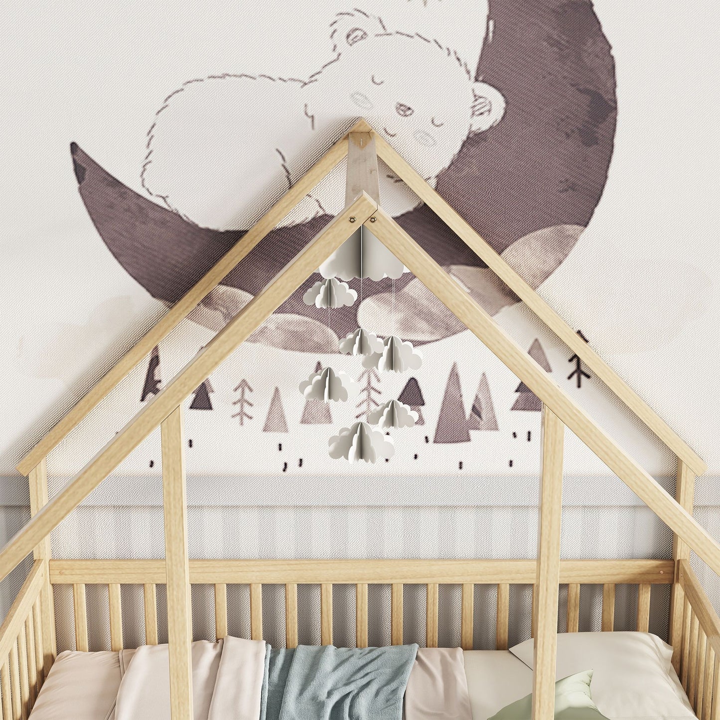 Full Wood House-Shaped Floor Bed with Fence, Guardrails,Natural image 11