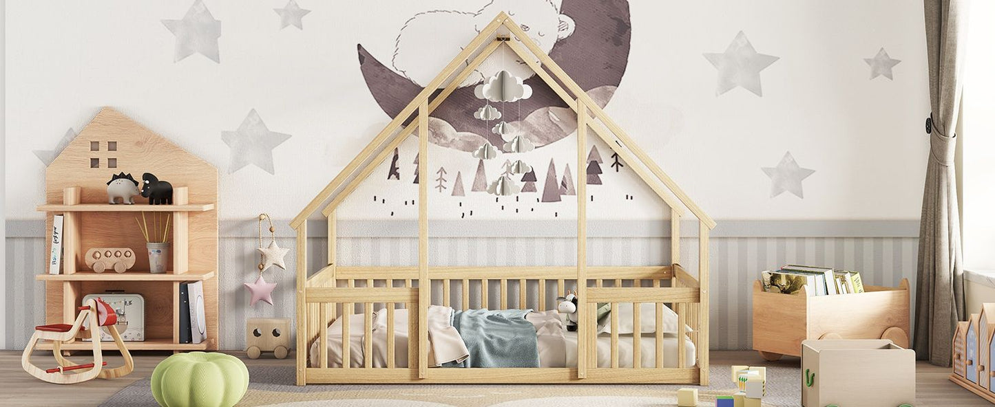 Full Wood House-Shaped Floor Bed with Fence, Guardrails,Natural image 17