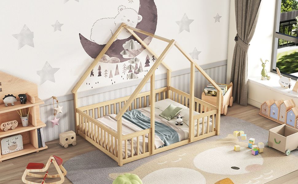 Full Wood House-Shaped Floor Bed with Fence, Guardrails,Natural image 13