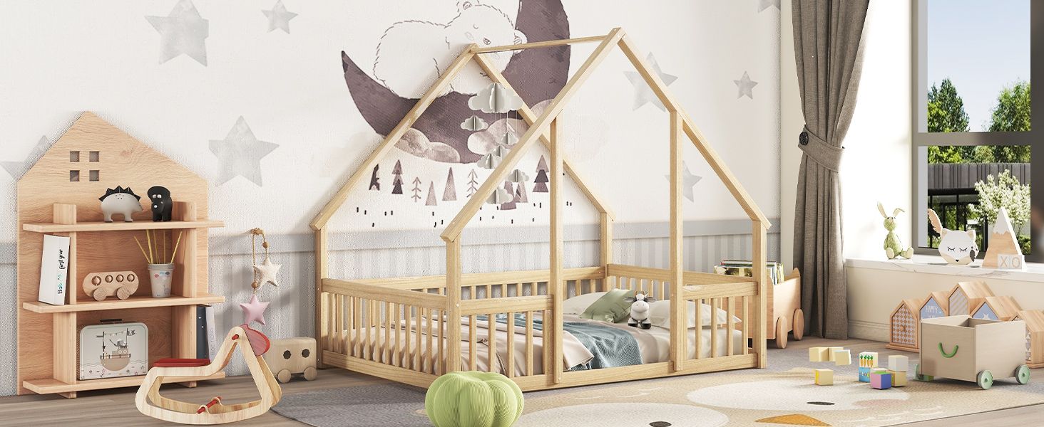 Full Wood House-Shaped Floor Bed with Fence, Guardrails,Natural image 16
