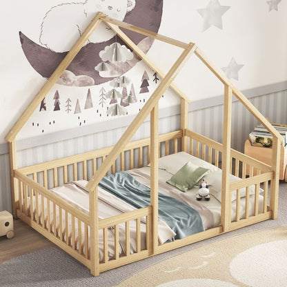 Full Wood House-Shaped Floor Bed with Fence, Guardrails,Natural image 9