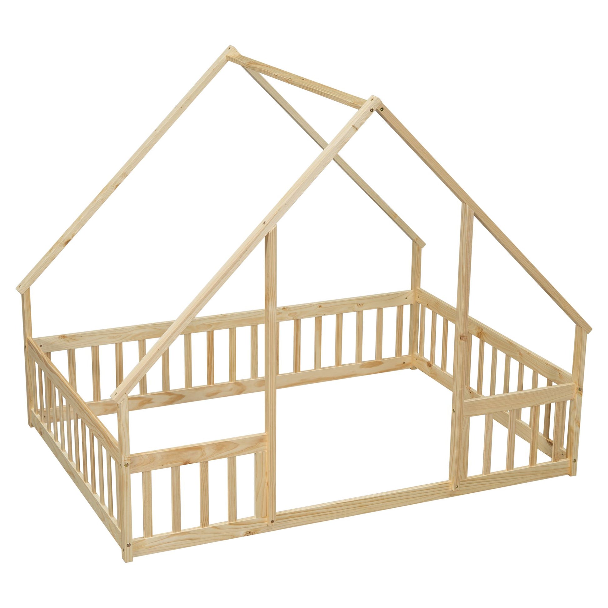 Full Wood House-Shaped Floor Bed with Fence, Guardrails,Natural image 6