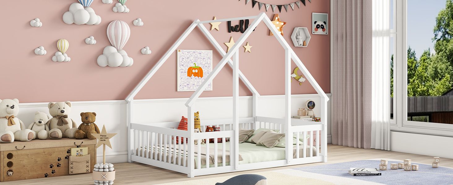 Full Wood House-Shaped Floor Bed with Fence, Guardrails,White image 17