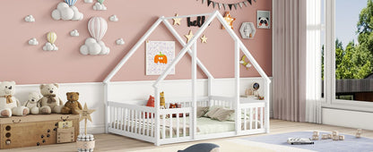 Full Wood House-Shaped Floor Bed with Fence, Guardrails,White image 17