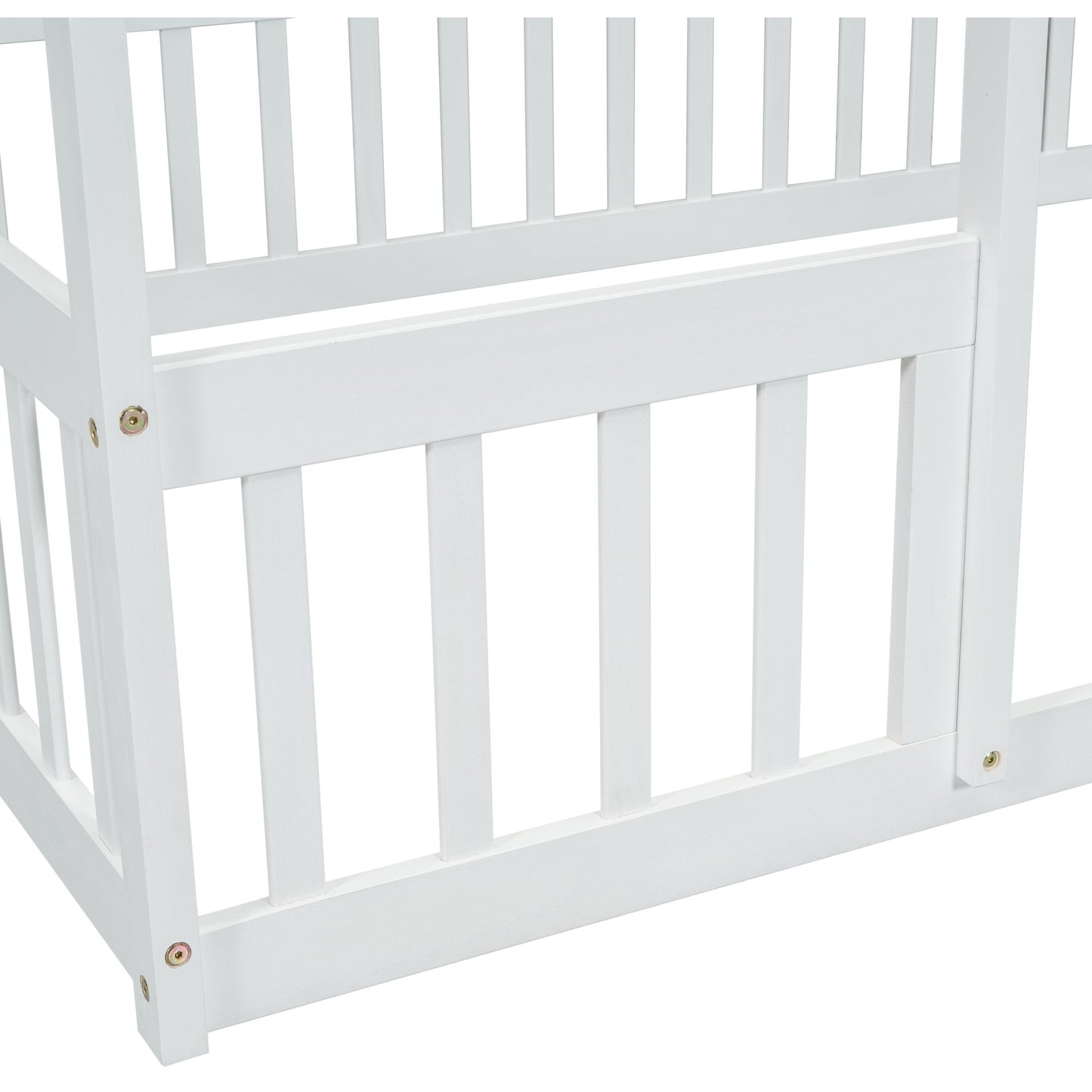 Full Wood House-Shaped Floor Bed with Fence, Guardrails,White image 4