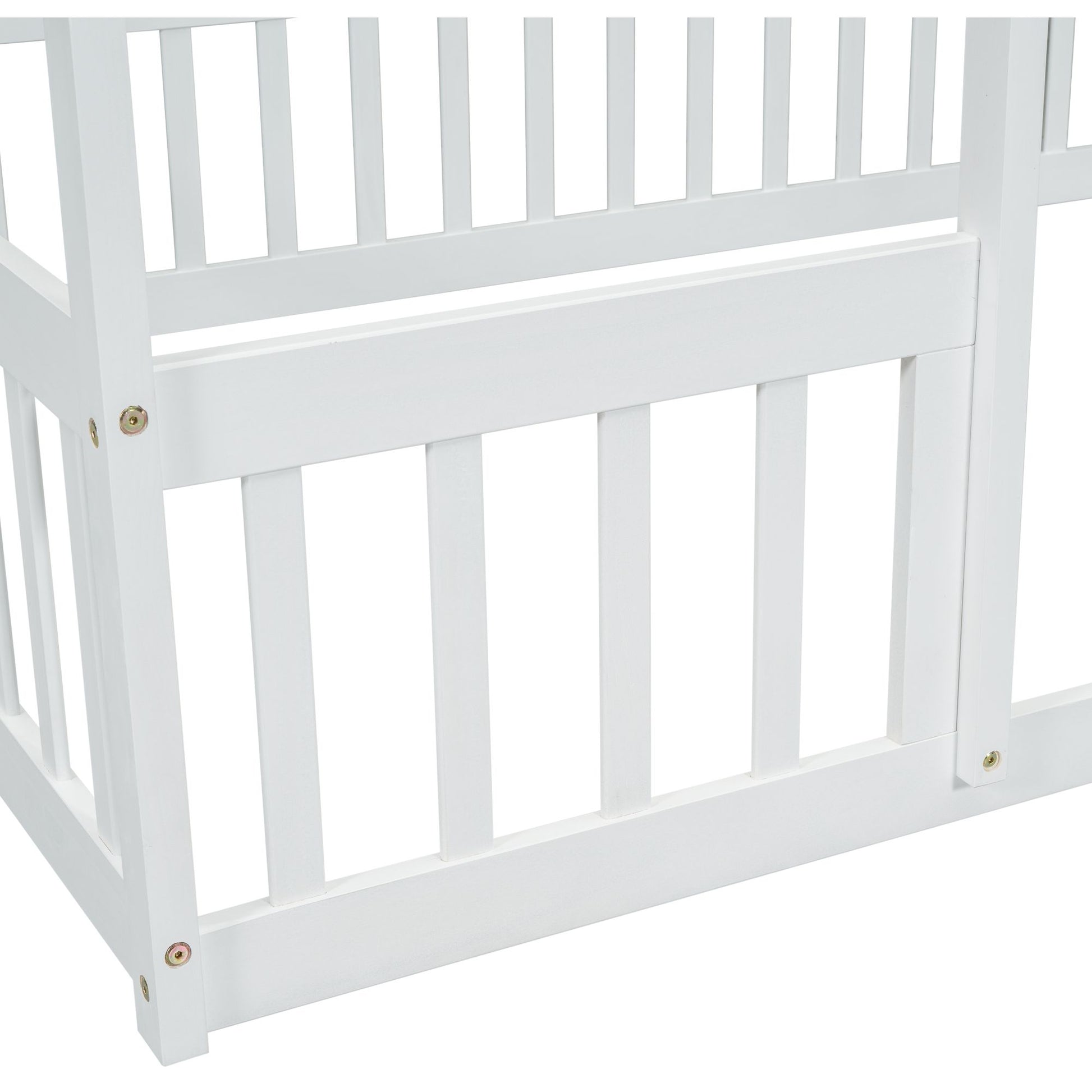 Full Wood House-Shaped Floor Bed with Fence, Guardrails,White image 4