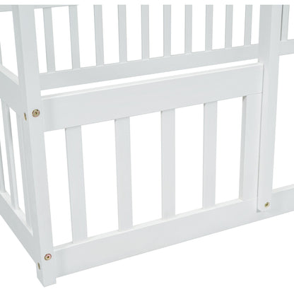 Full Wood House-Shaped Floor Bed with Fence, Guardrails,White image 4