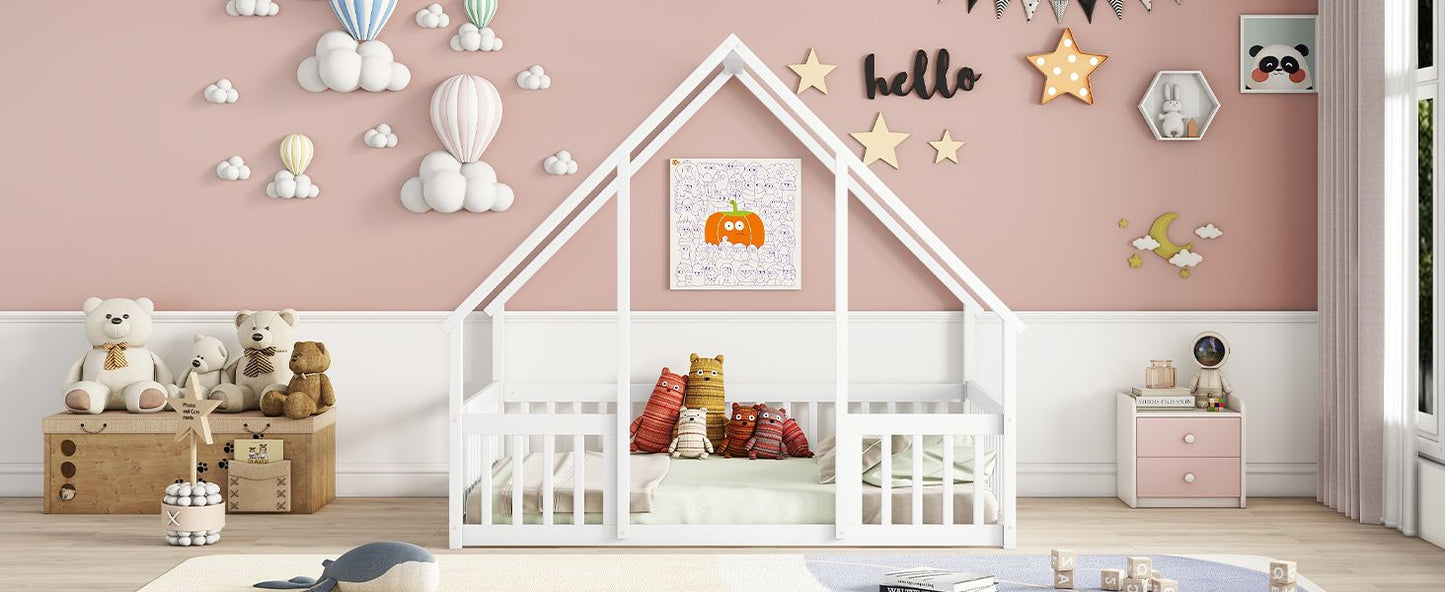 Full Wood House-Shaped Floor Bed with Fence, Guardrails,White image 18