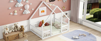 Full Wood House-Shaped Floor Bed with Fence, Guardrails,White image 16