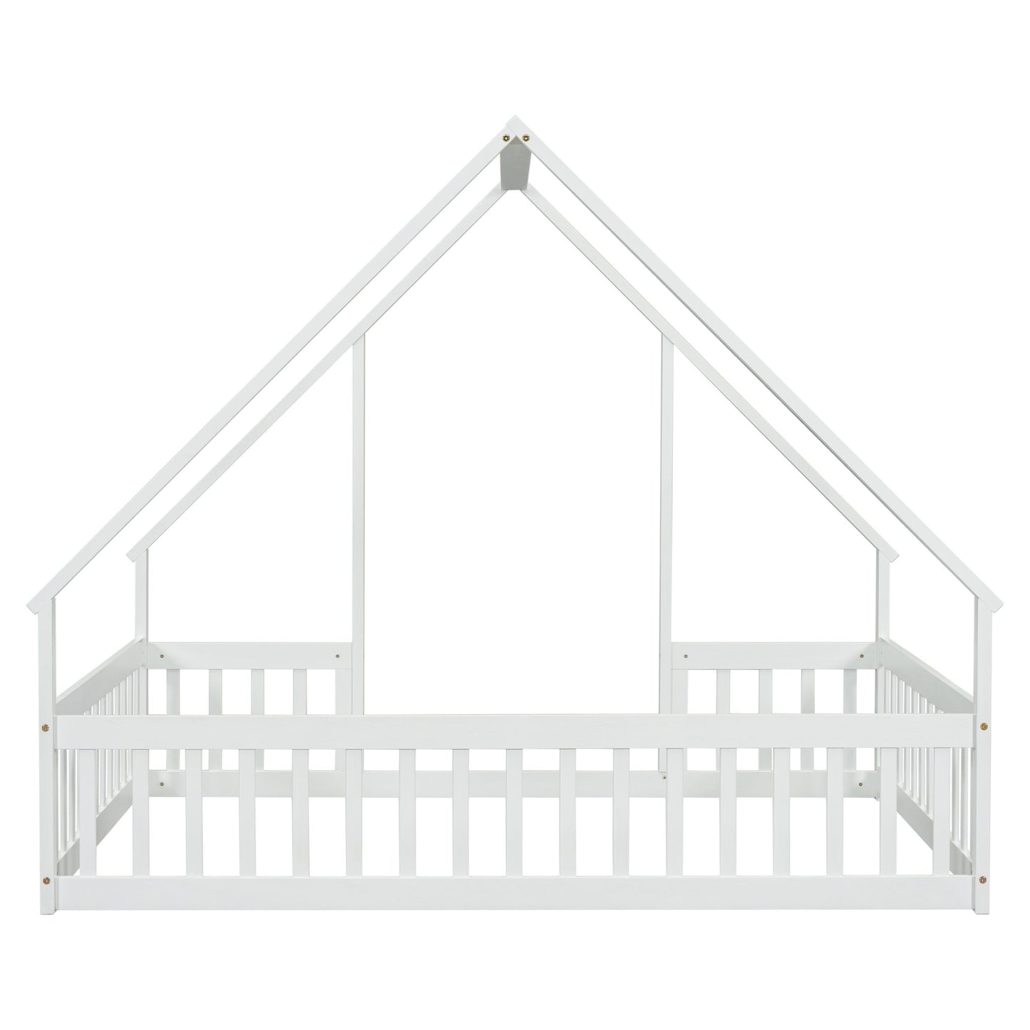 Full Wood House-Shaped Floor Bed with Fence, Guardrails,White image 2