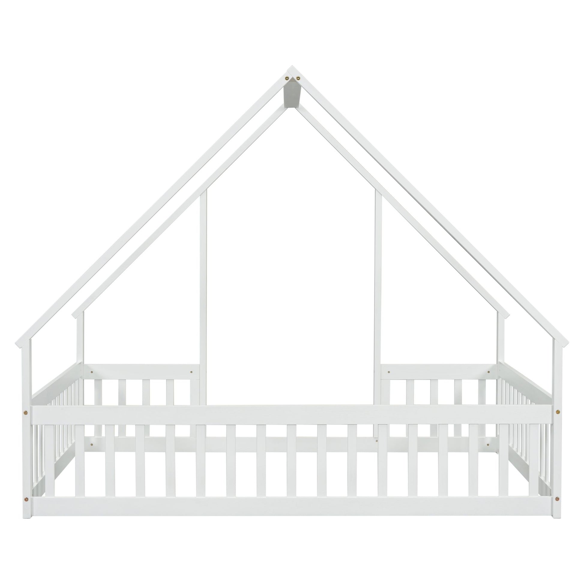 Full Wood House-Shaped Floor Bed with Fence, Guardrails,White image 2