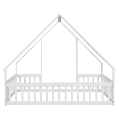 Full Wood House-Shaped Floor Bed with Fence, Guardrails,White image 2