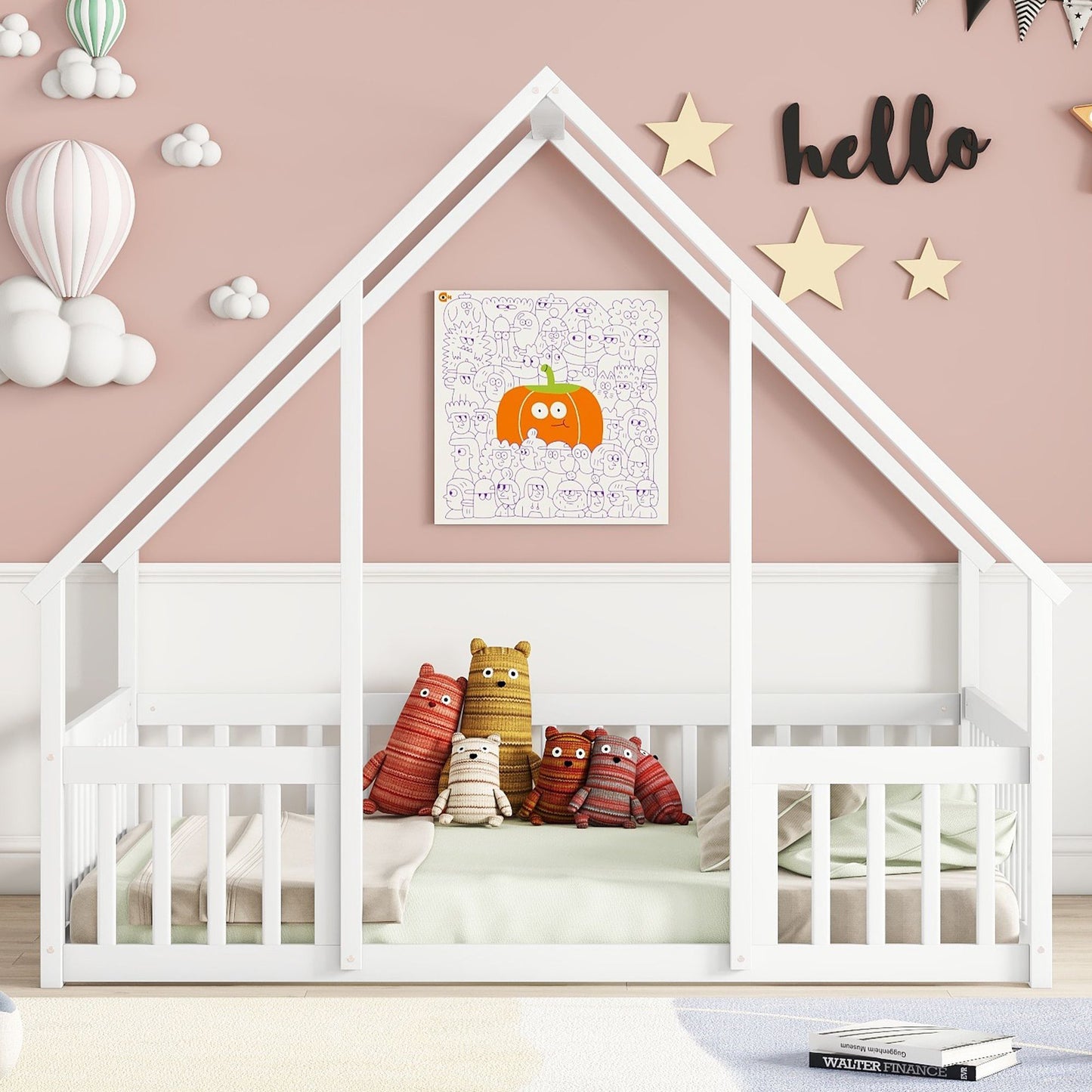 Full Wood House-Shaped Floor Bed with Fence, Guardrails,White image 8
