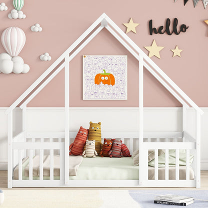 Full Wood House-Shaped Floor Bed with Fence, Guardrails,White image 8
