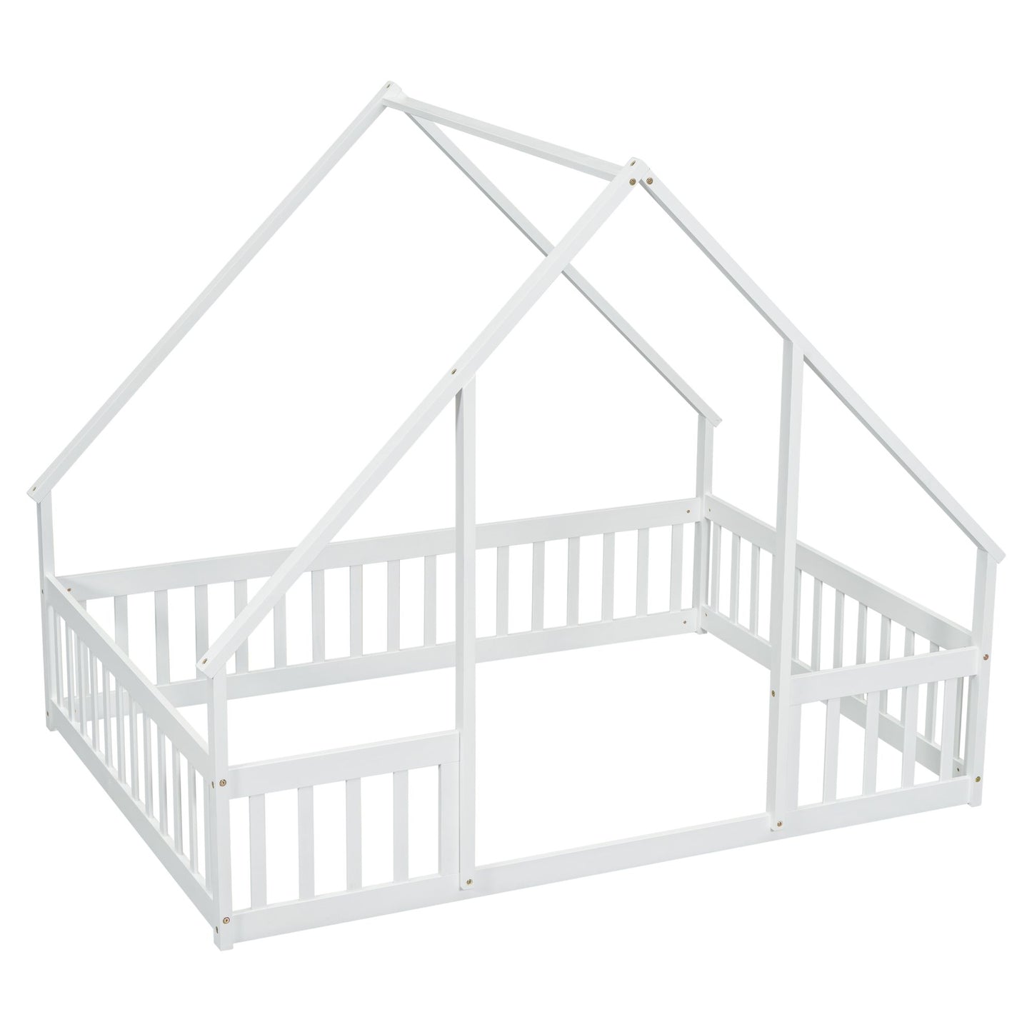 Full Wood House-Shaped Floor Bed with Fence, Guardrails,White image 6