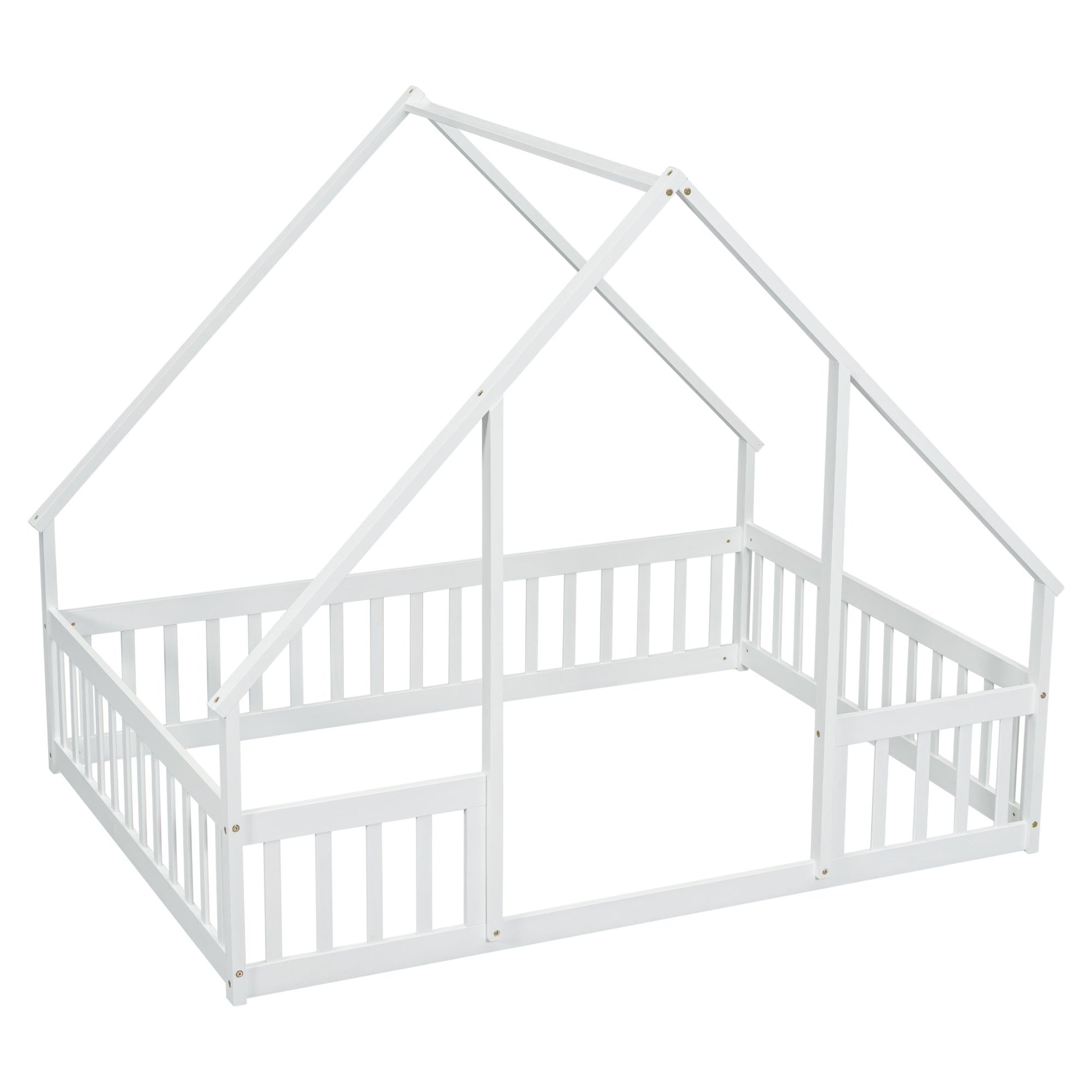 Full Wood House-Shaped Floor Bed with Fence, Guardrails,White image 6