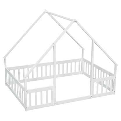Full Wood House-Shaped Floor Bed with Fence, Guardrails,White image 6