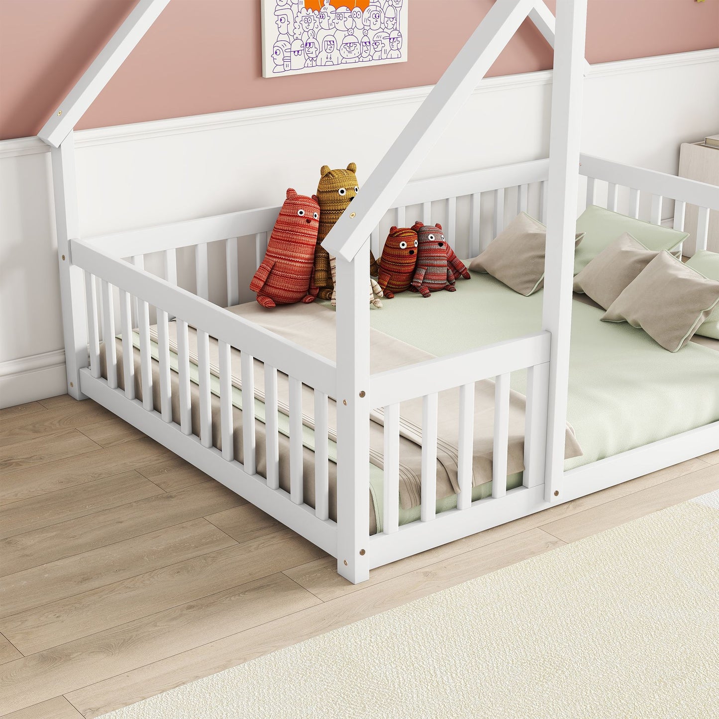Full Wood House-Shaped Floor Bed with Fence, Guardrails,White image 10
