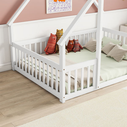 Full Wood House-Shaped Floor Bed with Fence, Guardrails,White image 10
