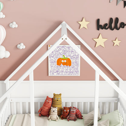 Full Wood House-Shaped Floor Bed with Fence, Guardrails,White image 11