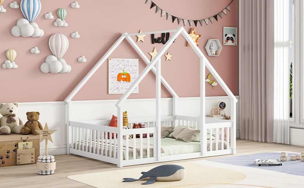 Full Wood House-Shaped Floor Bed with Fence, Guardrails,White image 14