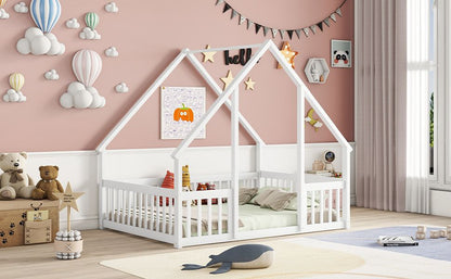Full Wood House-Shaped Floor Bed with Fence, Guardrails,White image 14