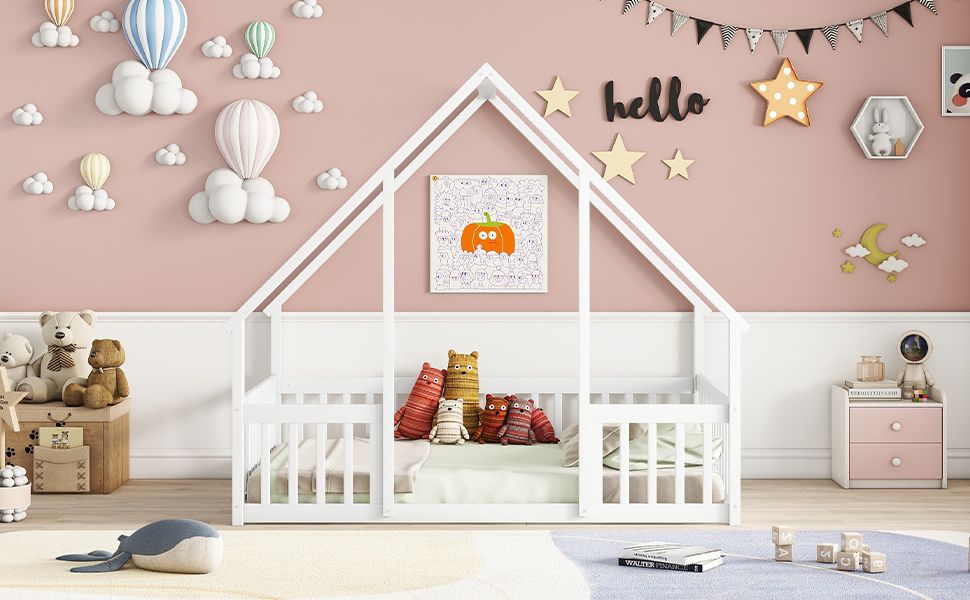 Full Wood House-Shaped Floor Bed with Fence, Guardrails,White image 13