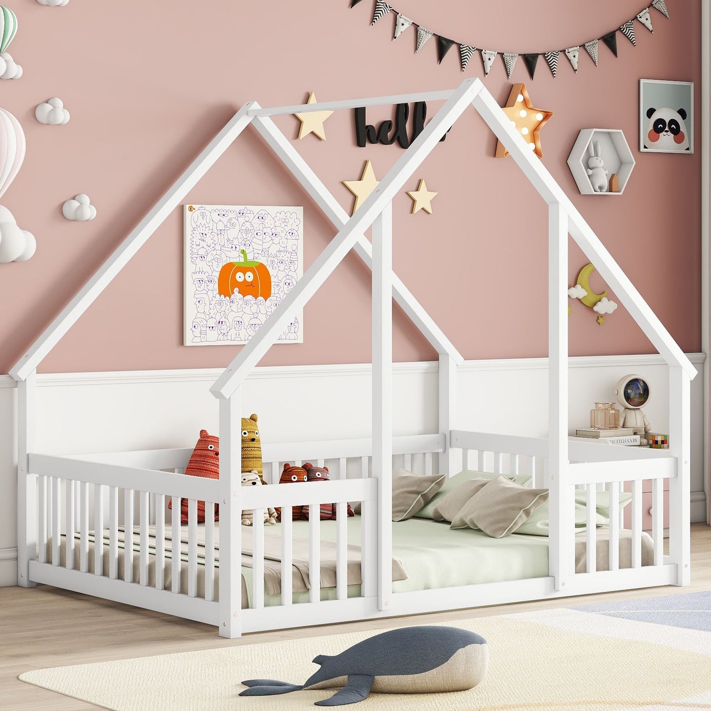 Full Wood House-Shaped Floor Bed with Fence, Guardrails,White image 7
