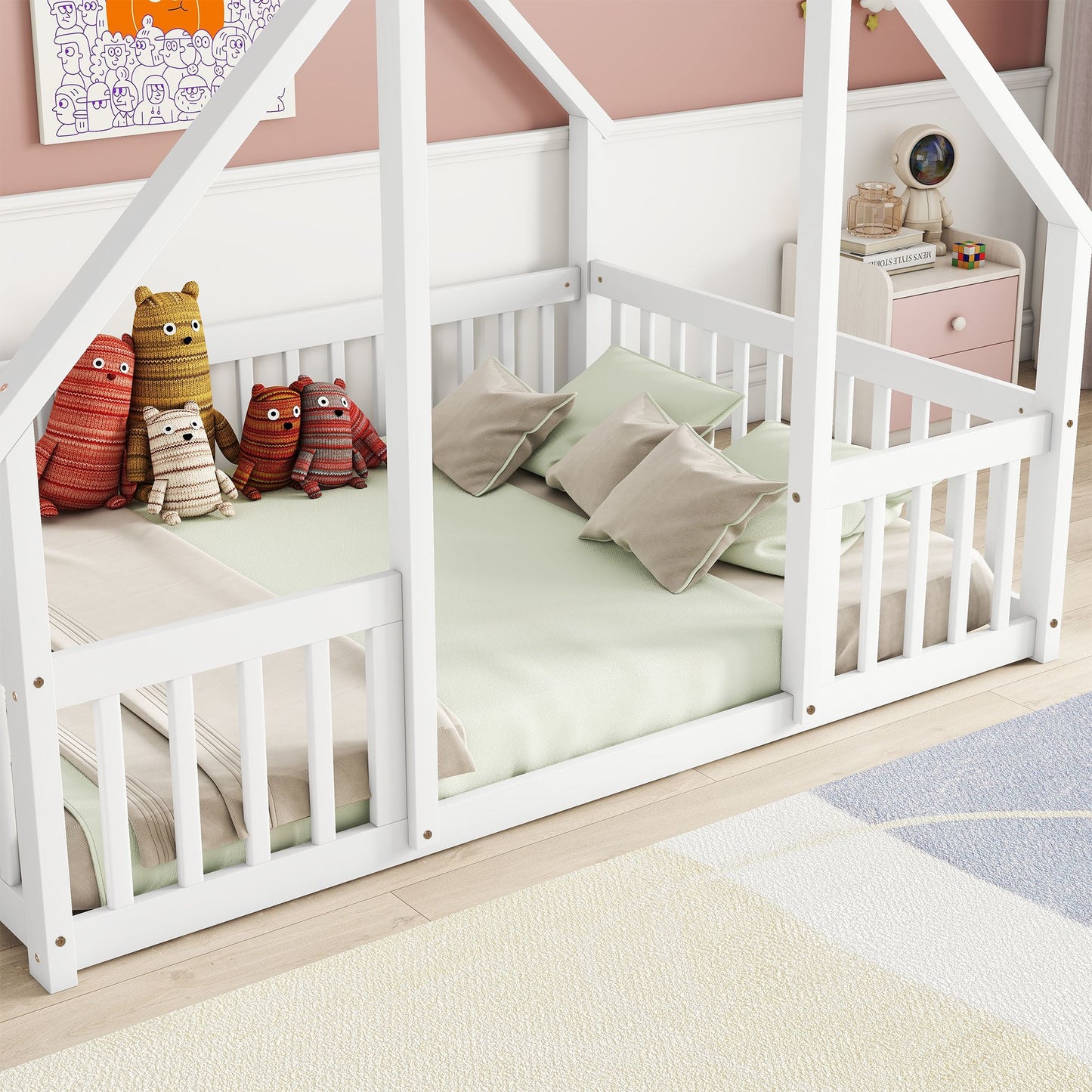 Full Wood House-Shaped Floor Bed with Fence, Guardrails,White image 12