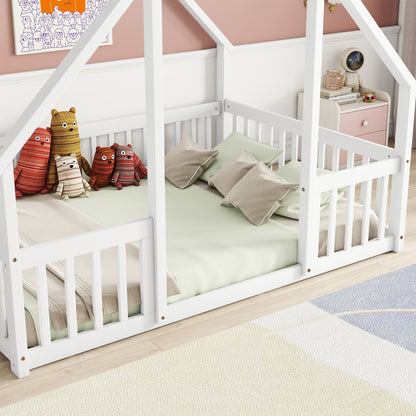 Full Wood House-Shaped Floor Bed with Fence, Guardrails,White image 12