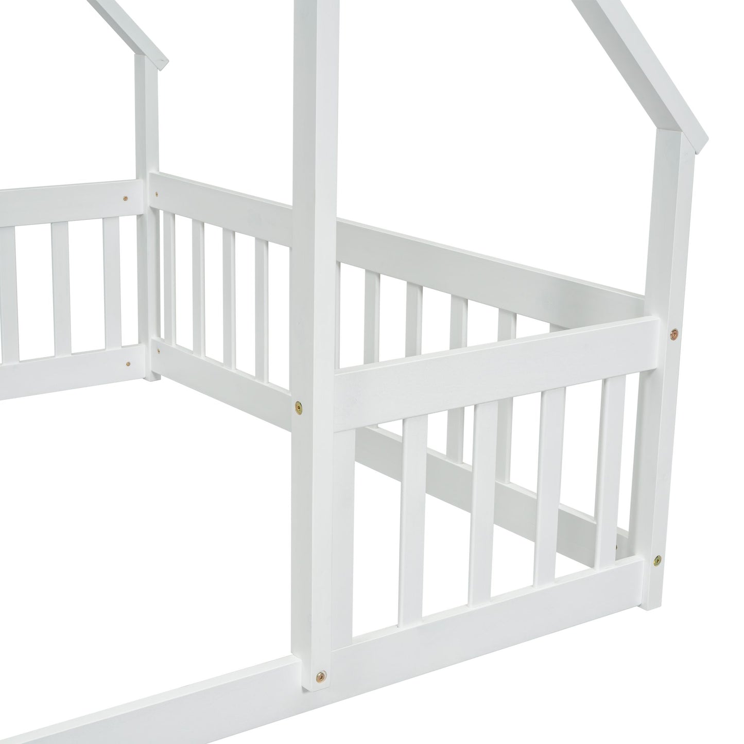 Full Wood House-Shaped Floor Bed with Fence, Guardrails,White image 3