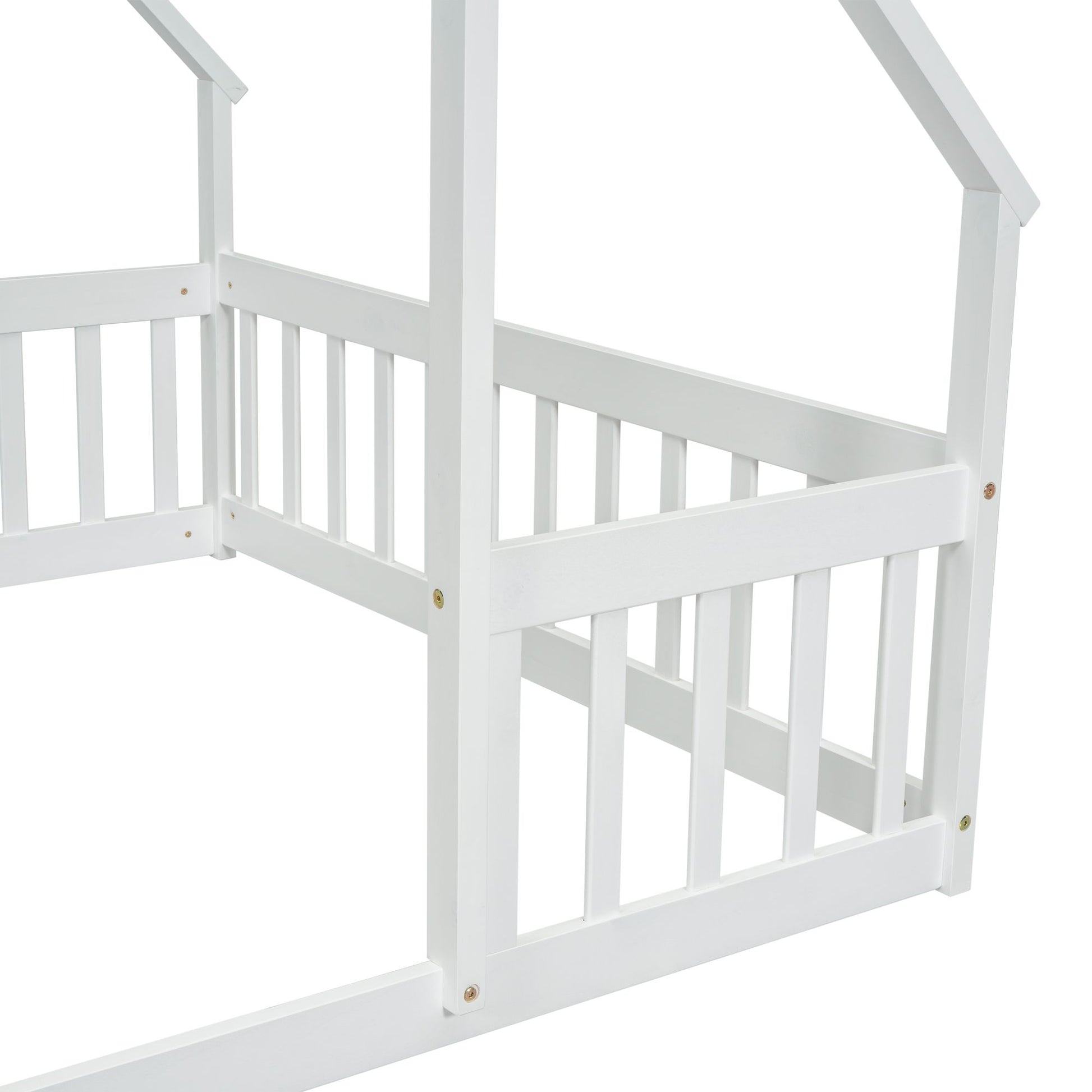 Full Wood House-Shaped Floor Bed with Fence, Guardrails,White image 3