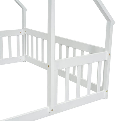 Full Wood House-Shaped Floor Bed with Fence, Guardrails,White image 3