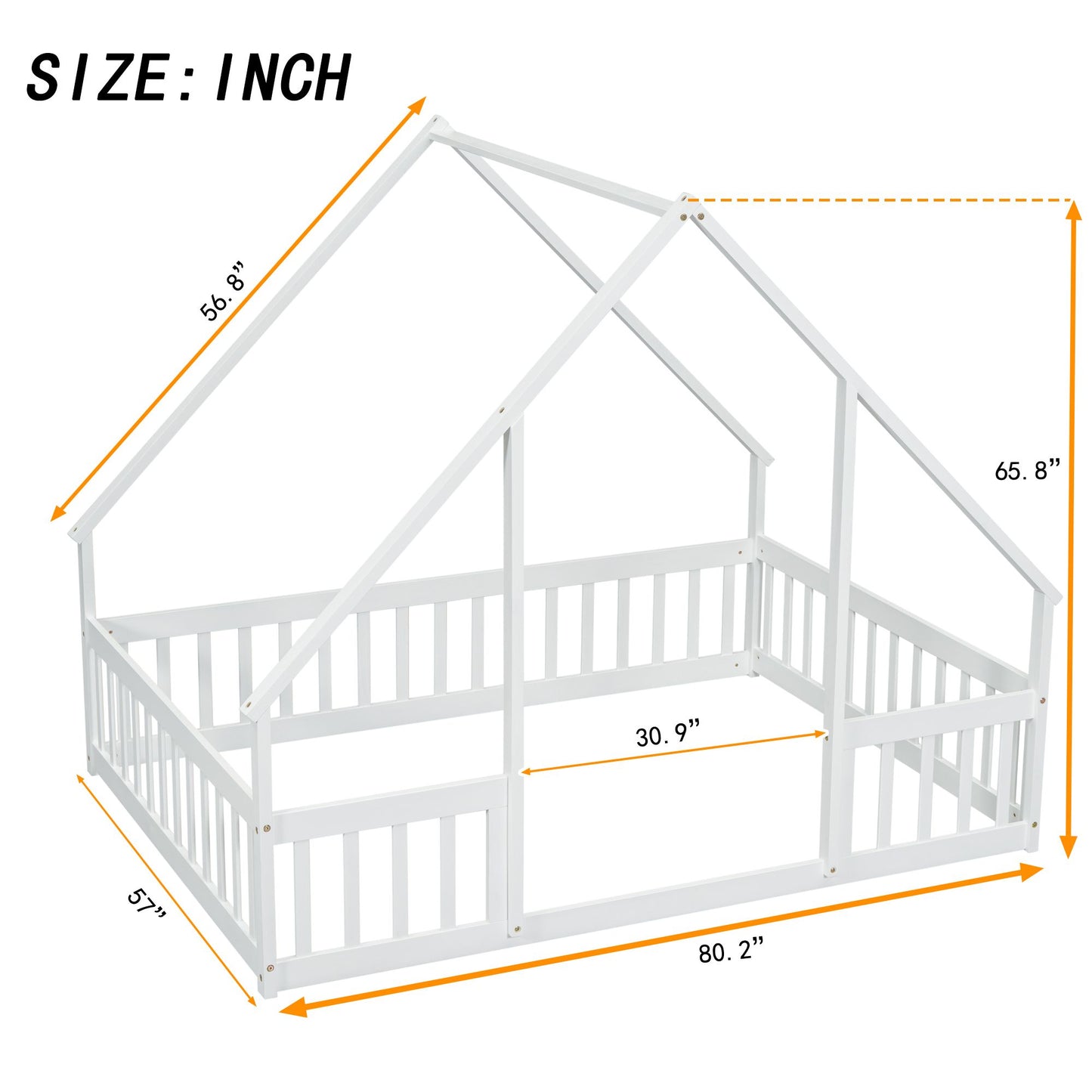 Full Wood House-Shaped Floor Bed with Fence, Guardrails,White image 20