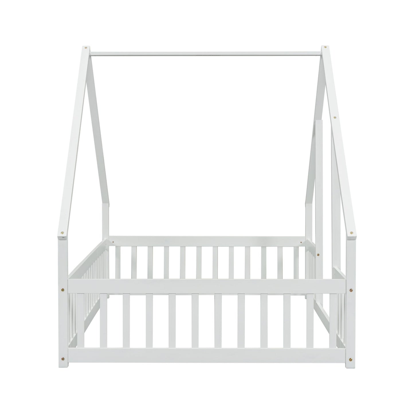 Full Wood House-Shaped Floor Bed with Fence, Guardrails,White image 1