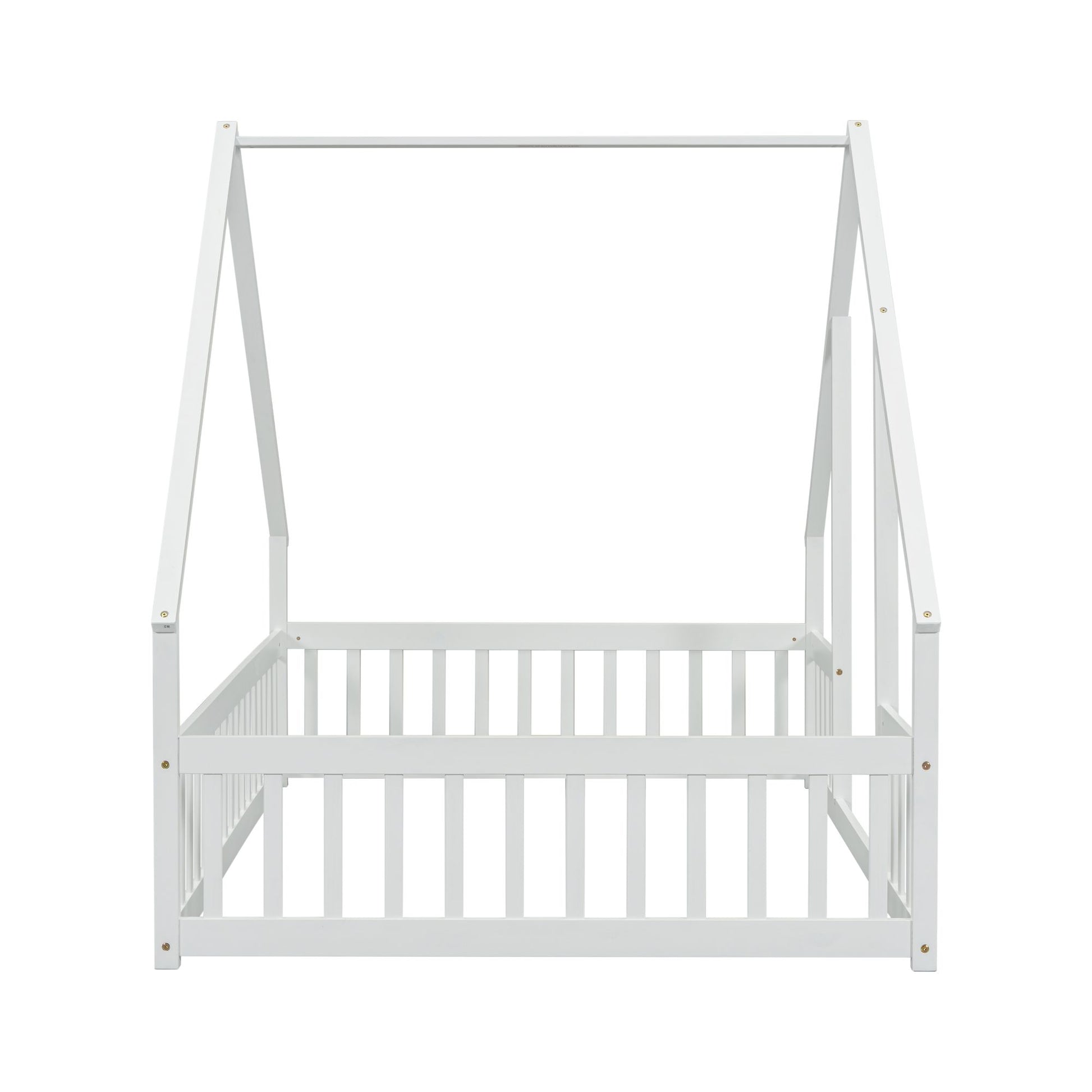 Full Wood House-Shaped Floor Bed with Fence, Guardrails,White image 1