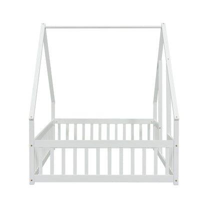 Full Wood House-Shaped Floor Bed with Fence, Guardrails,White image 1