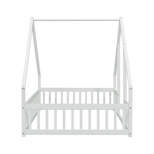 Full Wood House-Shaped Floor Bed with Fence, Guardrails,White image 1