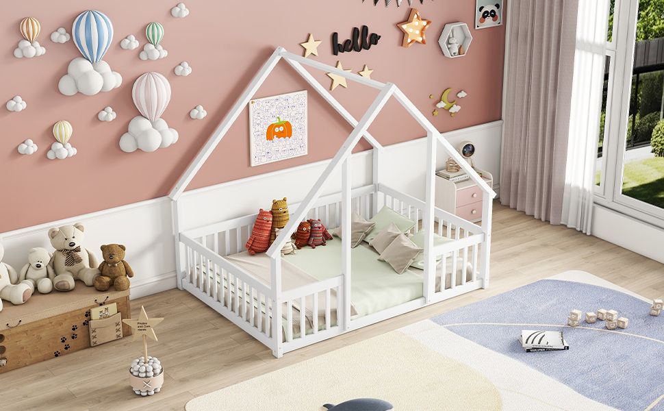 Full Wood House-Shaped Floor Bed with Fence, Guardrails,White image 15