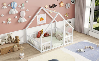 Full Wood House-Shaped Floor Bed with Fence, Guardrails,White image 15
