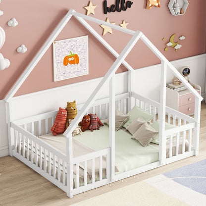 Full Wood House-Shaped Floor Bed with Fence, Guardrails,White image 9