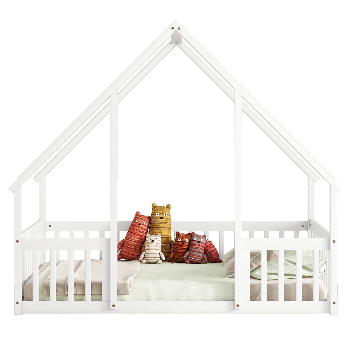 Full Wood House-Shaped Floor Bed with Fence, Guardrails,White image 19