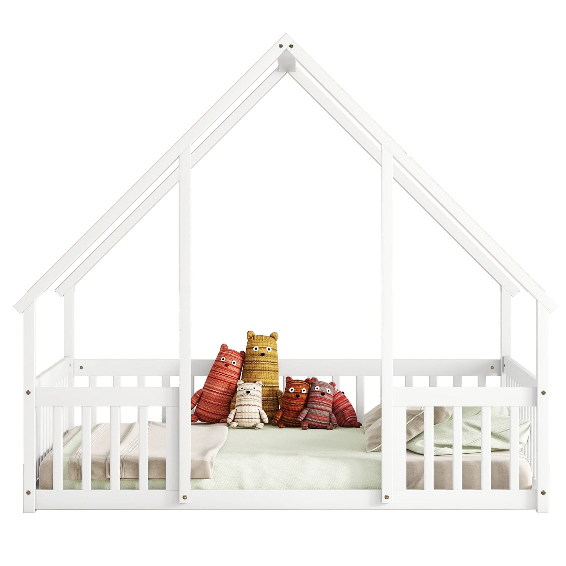 Full Wood House-Shaped Floor Bed with Fence, Guardrails,White image 19