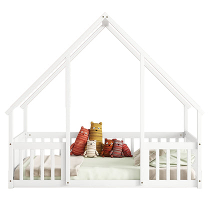 Full Wood House-Shaped Floor Bed with Fence, Guardrails,White image 19