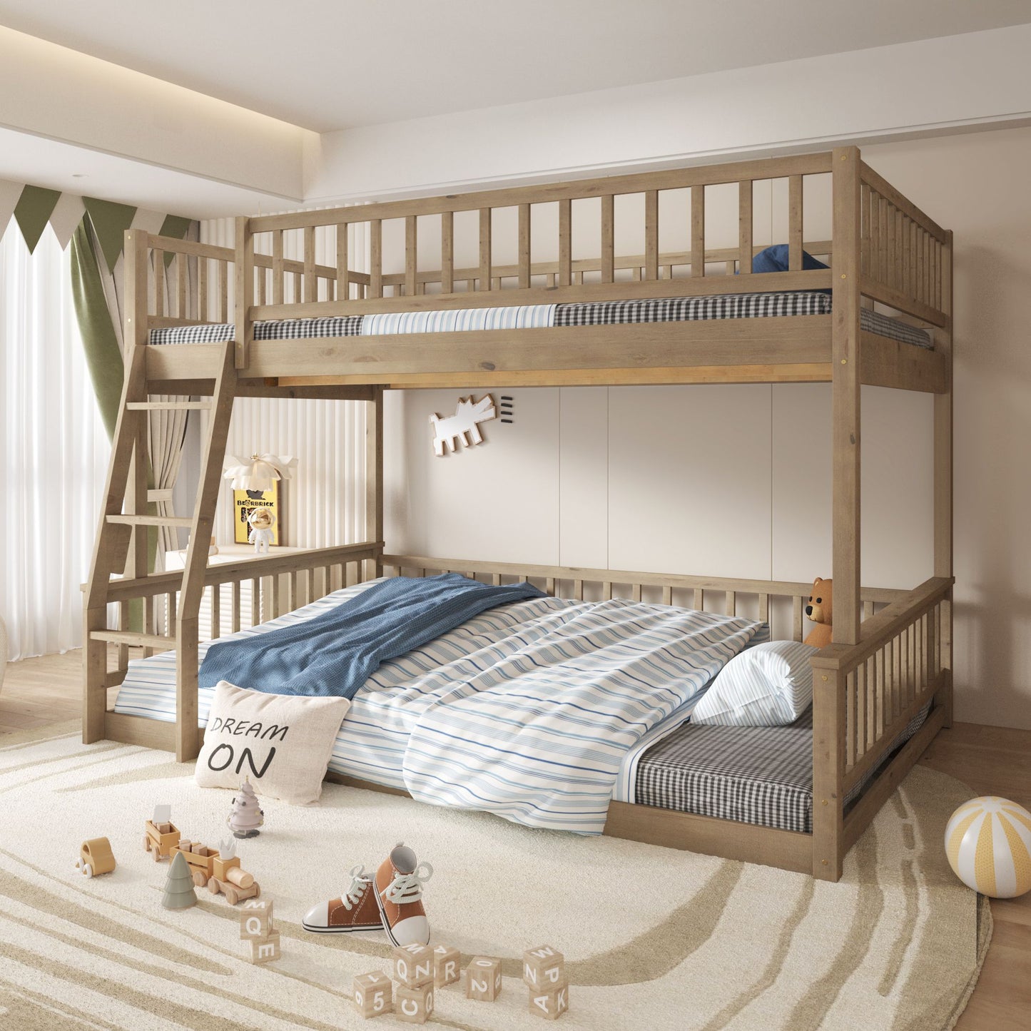 Full XL over Queen Bunk Bed with Ladder and Guardrails, Walnut image 2