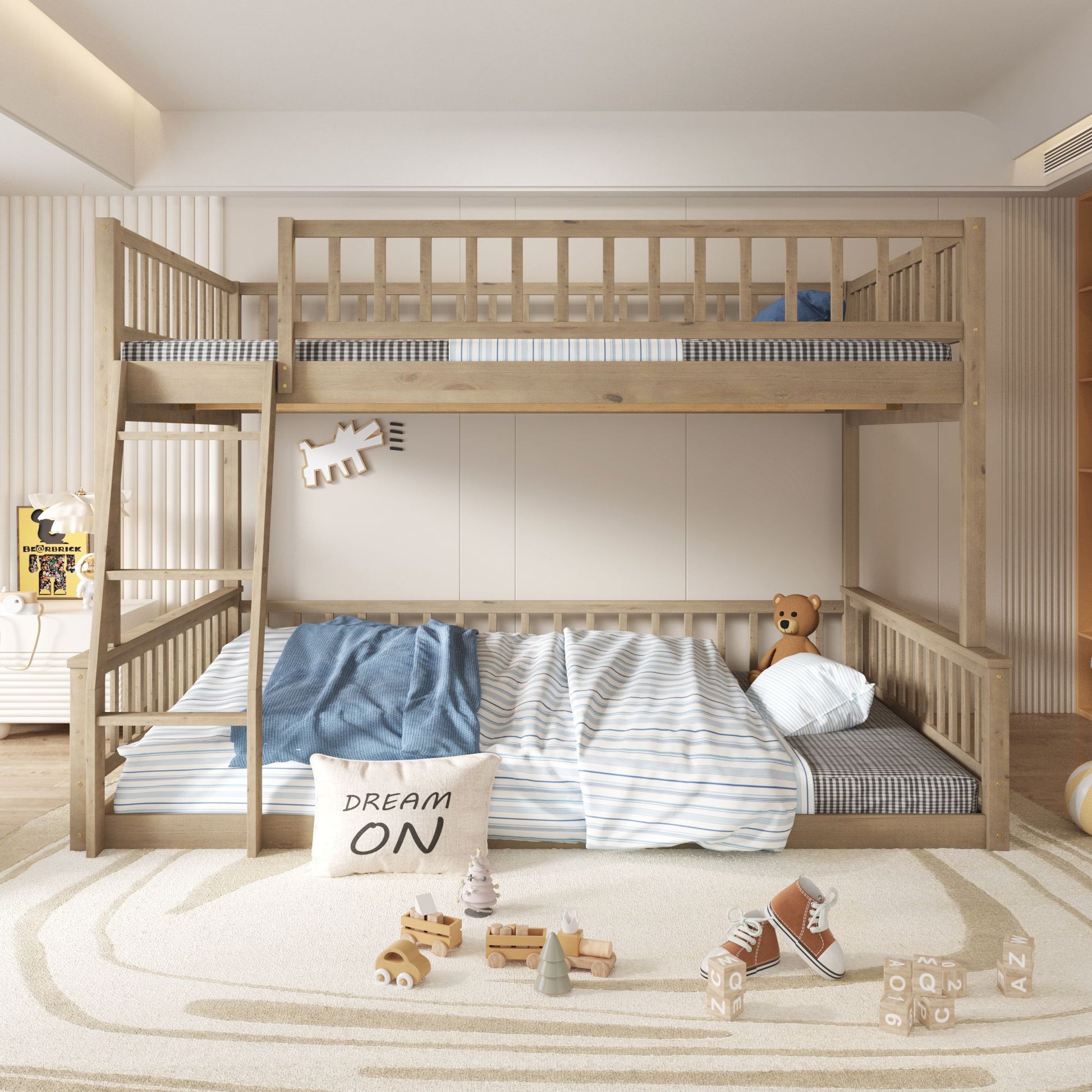 Full XL over Queen Bunk Bed with Ladder and Guardrails, Walnut image 1