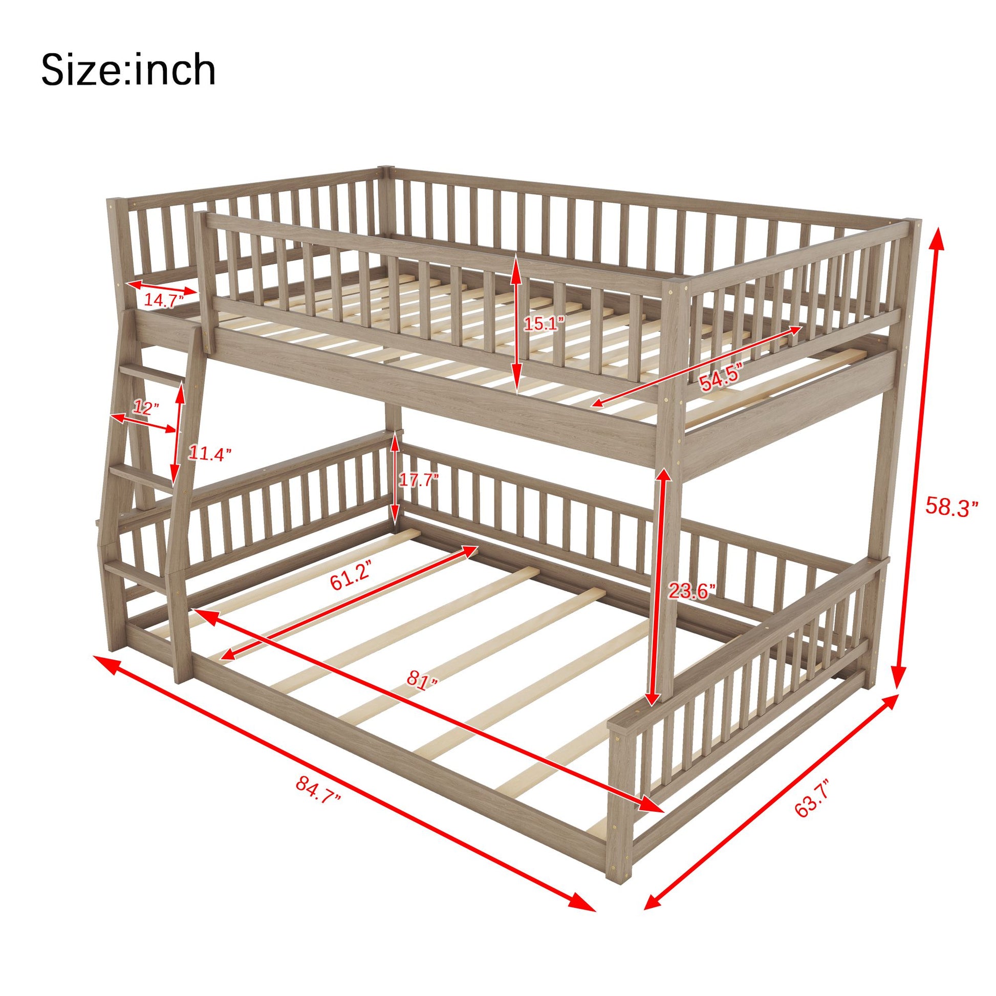 Full XL over Queen Bunk Bed with Ladder and Guardrails, Walnut image 7
