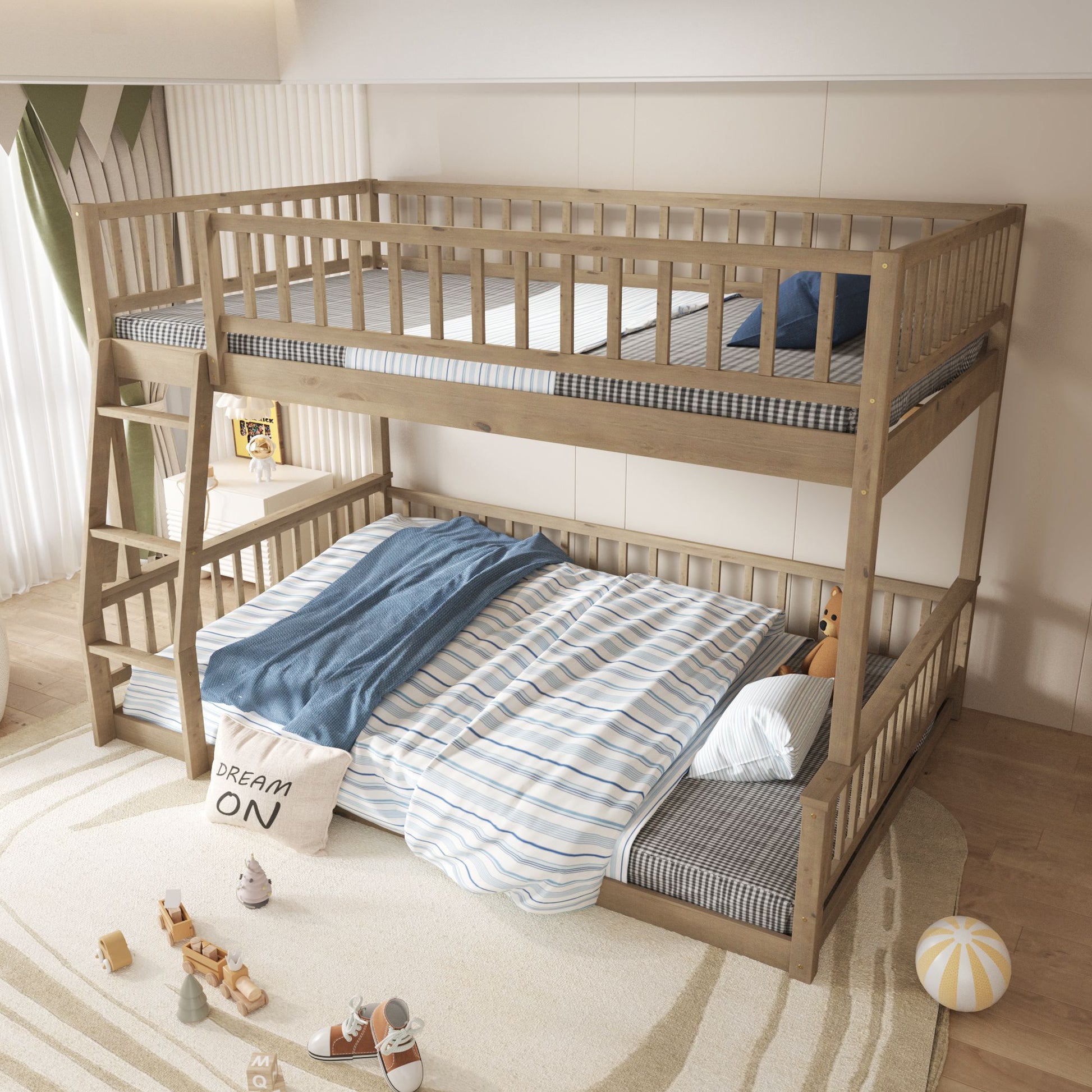 Full XL over Queen Bunk Bed with Ladder and Guardrails, Walnut image 4