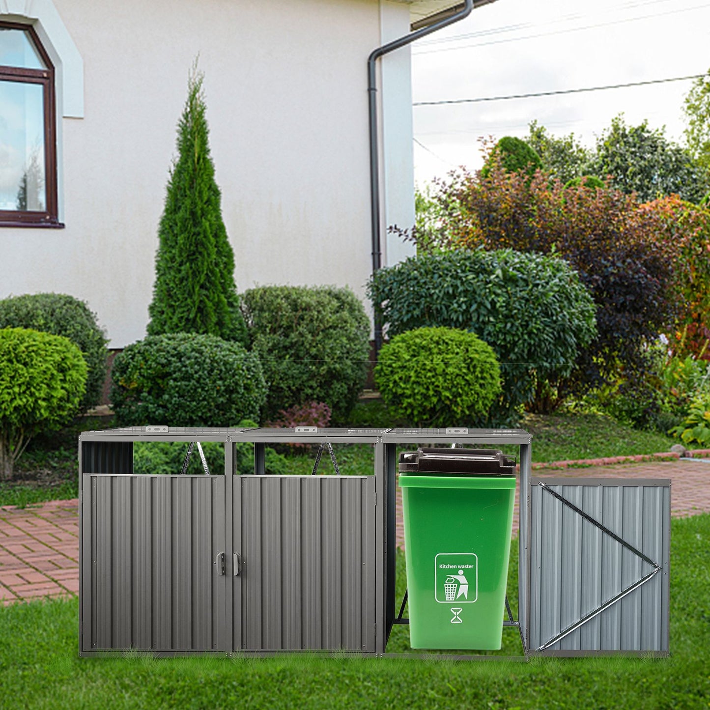 Garbage Bin Shed Stores 3 Trash Cans Metal Outdoor Bin Shed for Garbage Storage,Stainless Galvanized Steel, Bin Shed for image 2